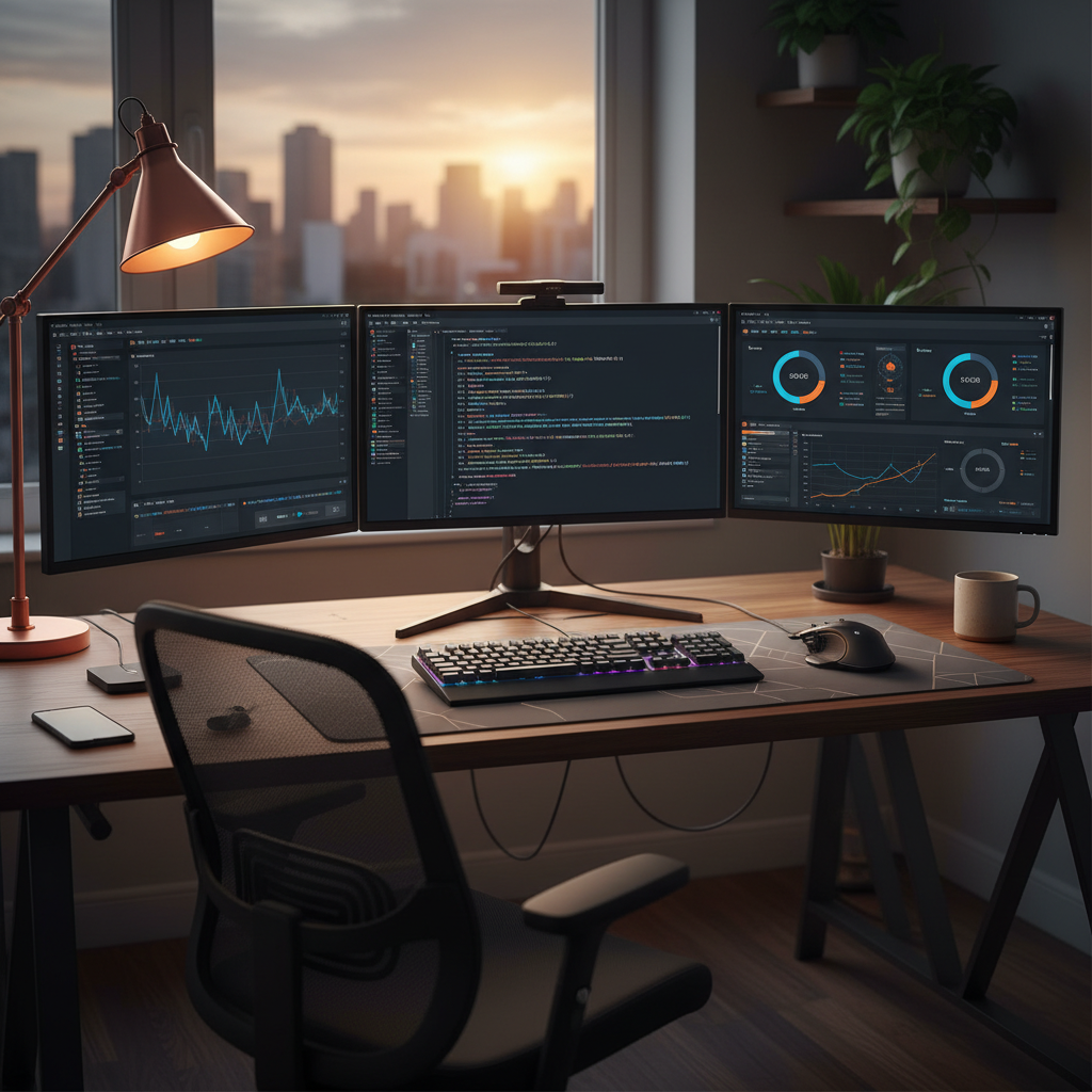 코딩 작업을 수행하는 개발자의 작업실