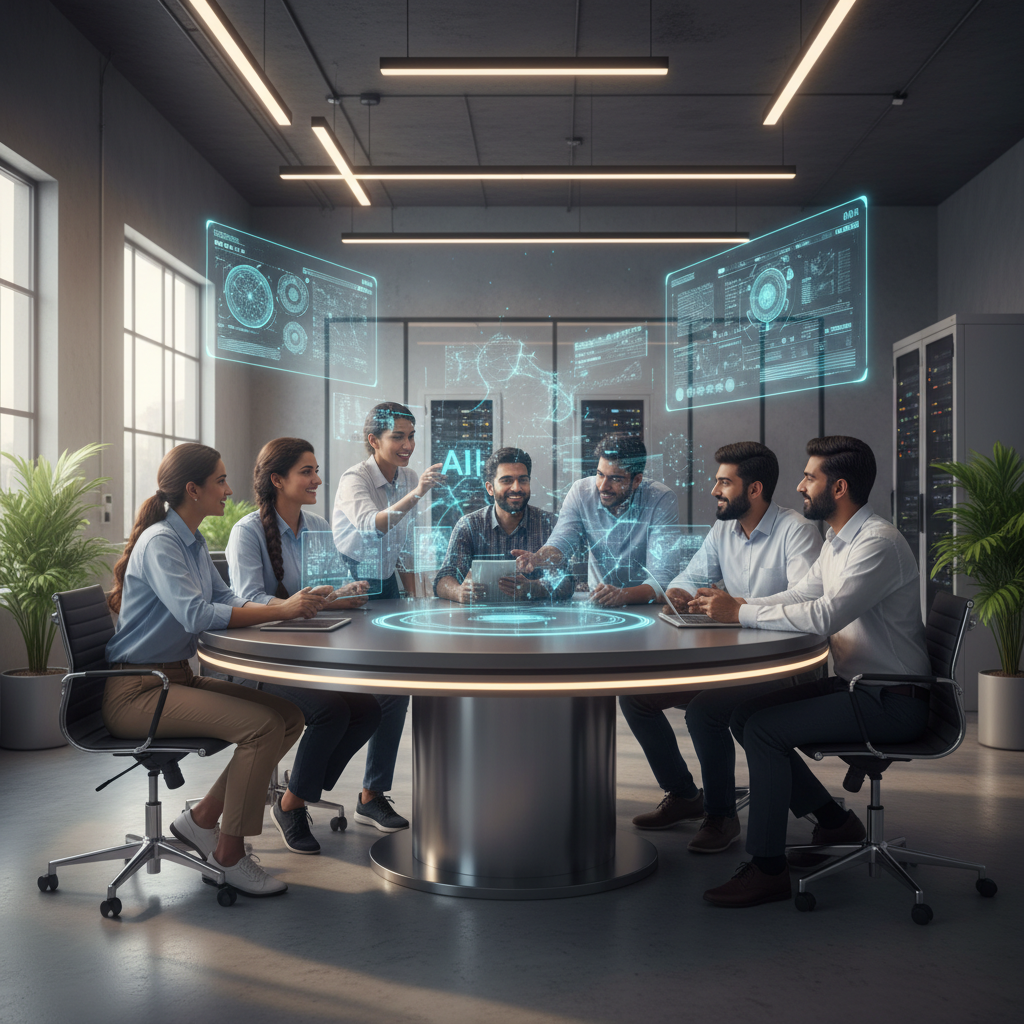 협업하는 엔지니어들과 홀로그램 기술