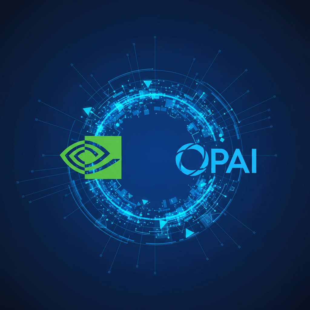 A professional and clean high-tech infographic showing a stylized representation of Nvidia and OpenAI logos connecting with glowing digital data streams. The background is a sophisticated dark blue gradient with futuristic circuit patterns. No text. 1:1