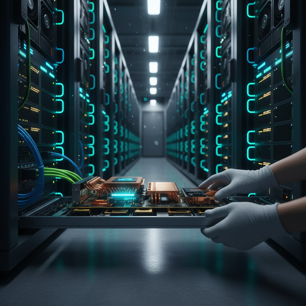 인공지능 데이터 센터 내부에 배치된 서버 랙과 반도체 칩