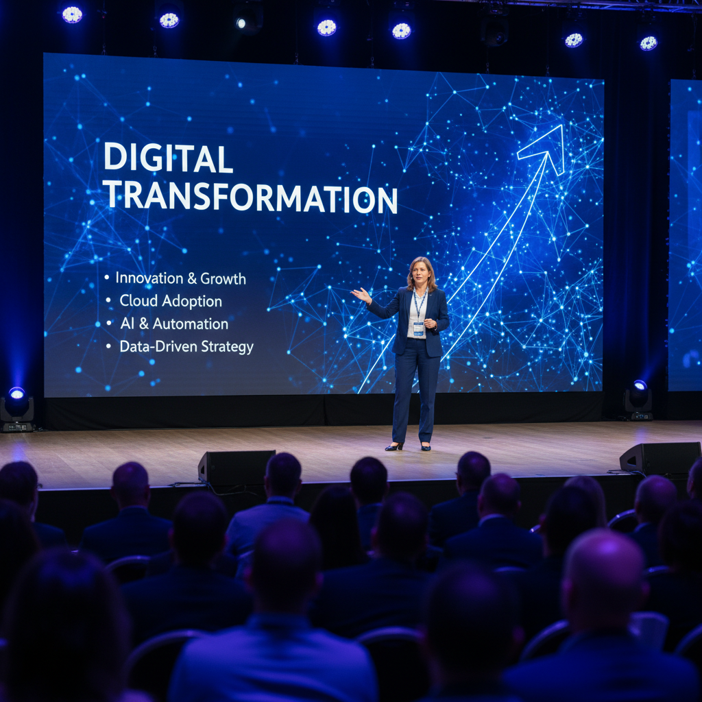 기술 컨퍼런스에서 발표 중인 전문가