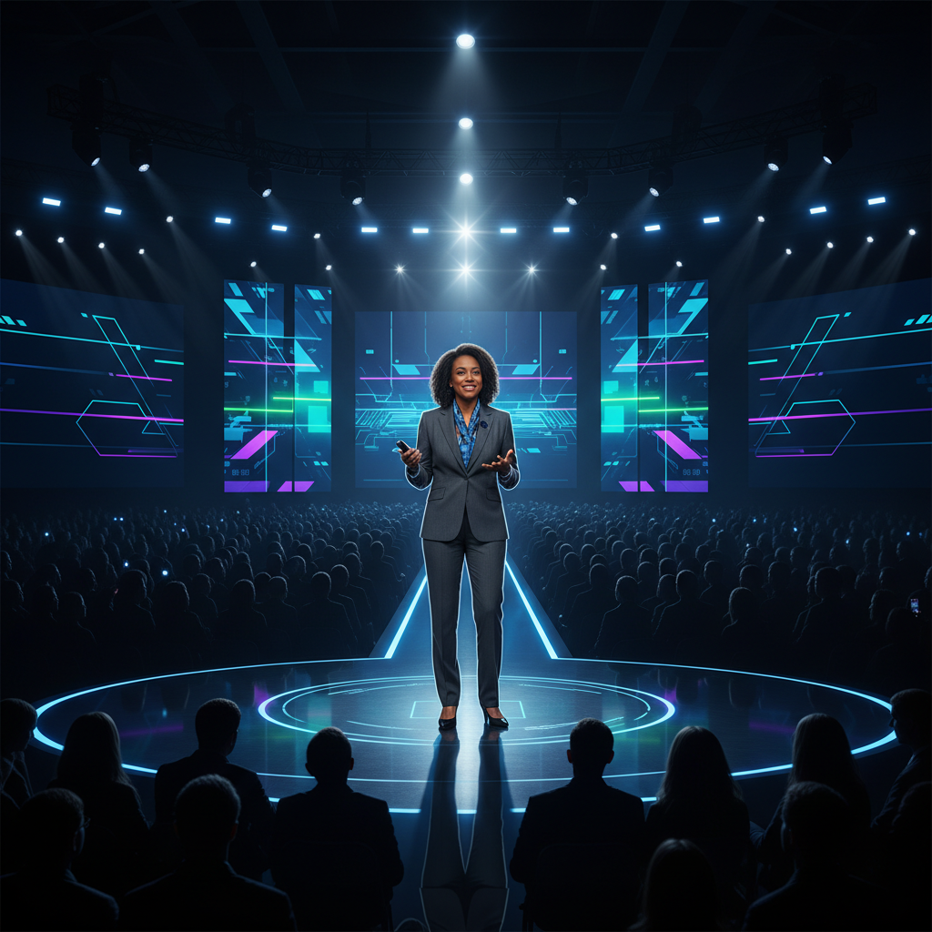 기술 컨퍼런스에서 발표하는 리더의 모습
