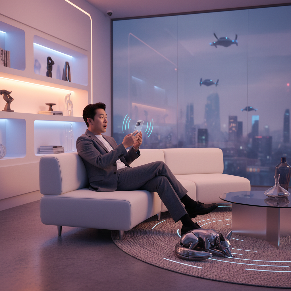 첨단 기술이 적용된 스마트 홈에서 폰을 사용하는 모습