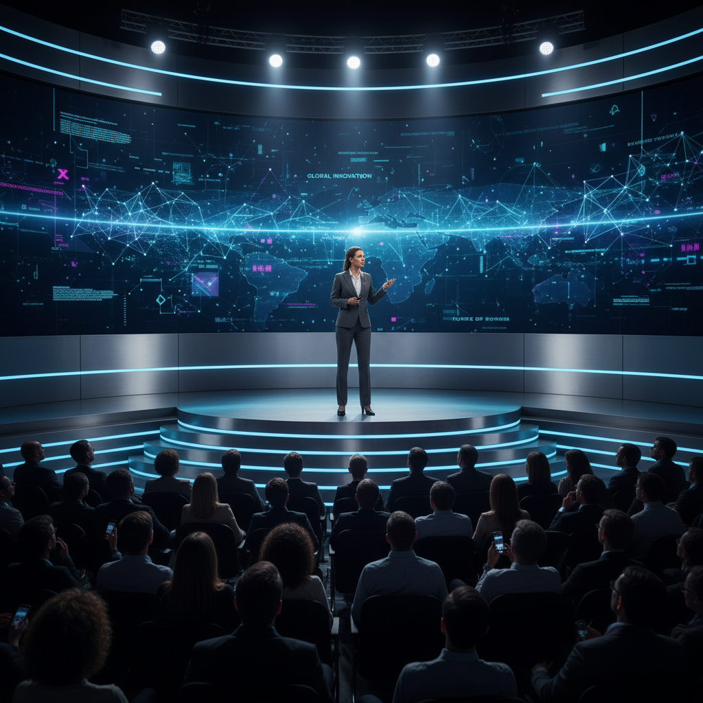 무대 위에서 강연하는 테크 리더의 모습