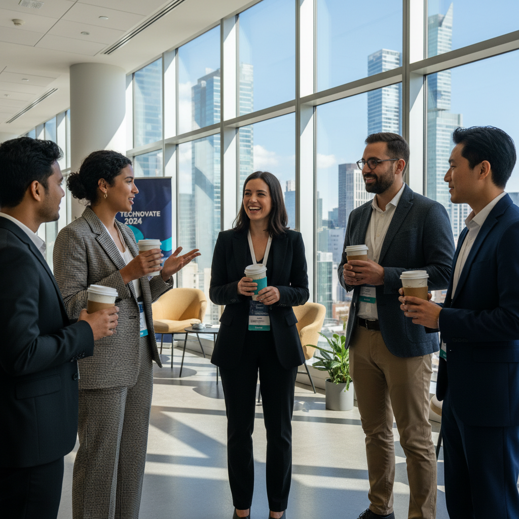 행사장 밖에서 자유롭게 대화하는 참가자들