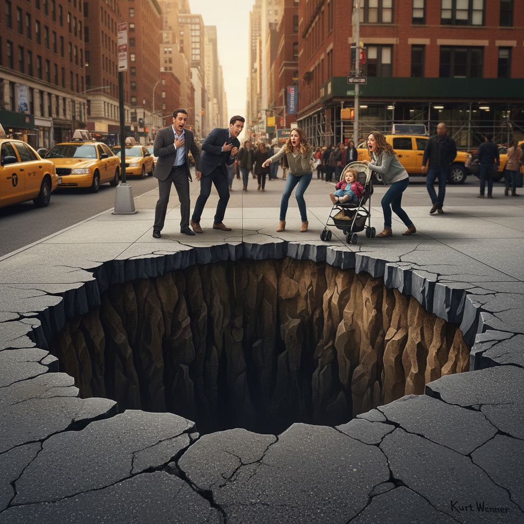 뉴욕 거리 바닥에 그려진 입체적인 구덩이 그림