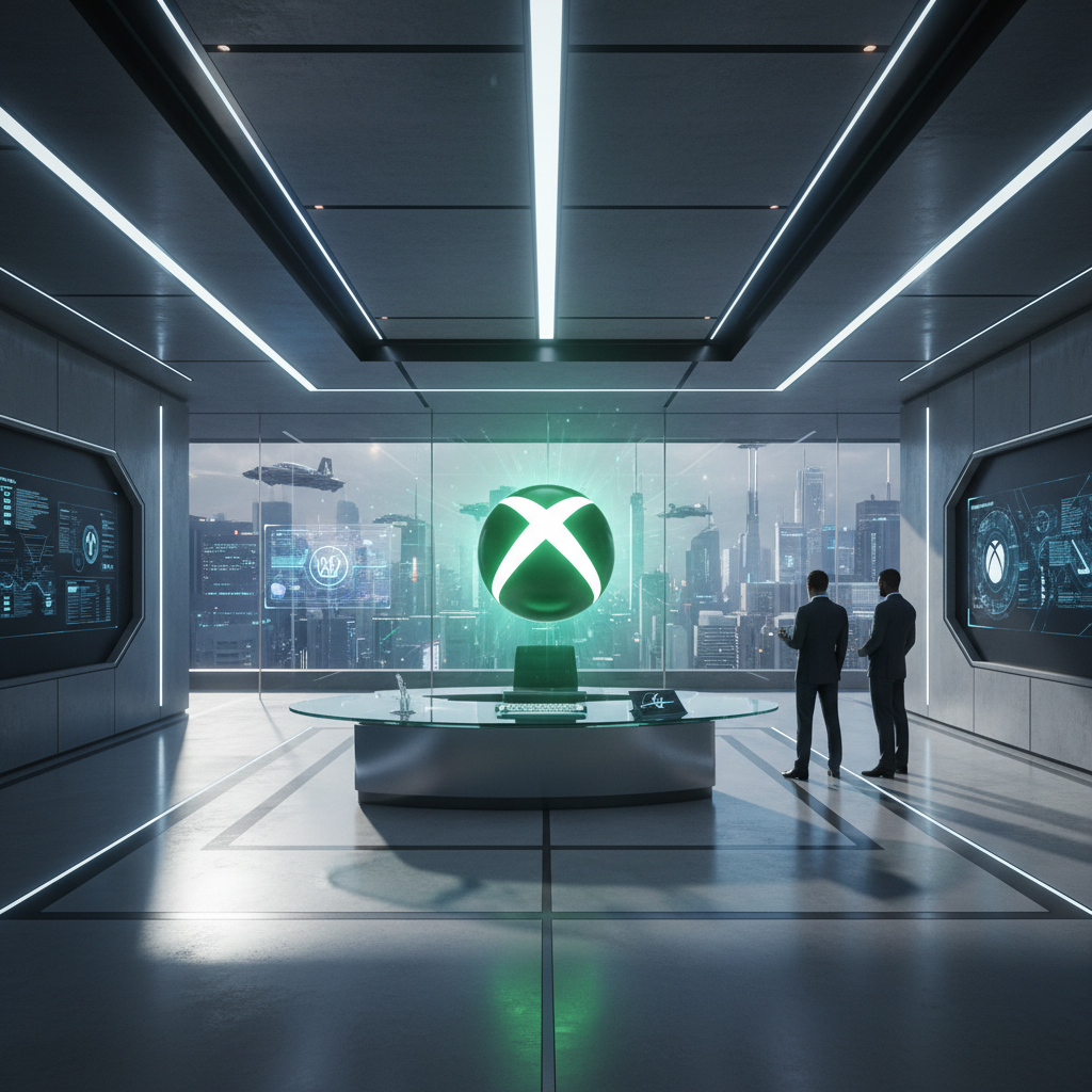 엑스박스 로고와 현대적인 테크놀로지 배경