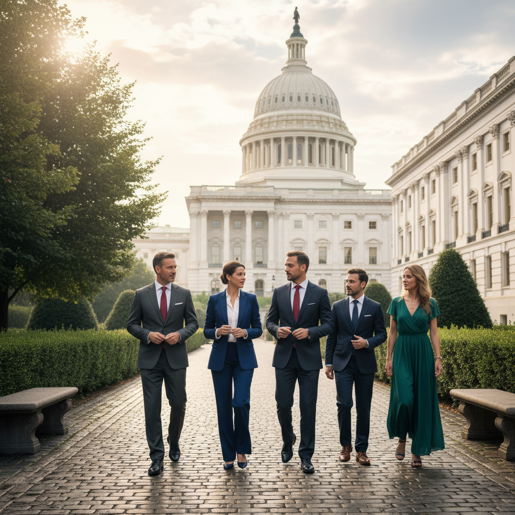백악관 앞에서 대화하는 비즈니스 리더들