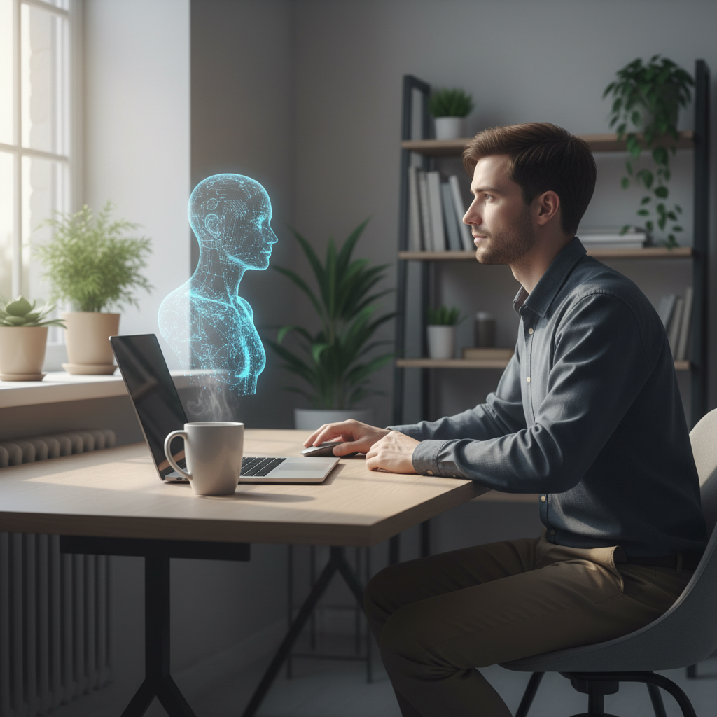 업무용 노트북 옆에서 홀로그램으로 나타난 인공지능 캐릭터