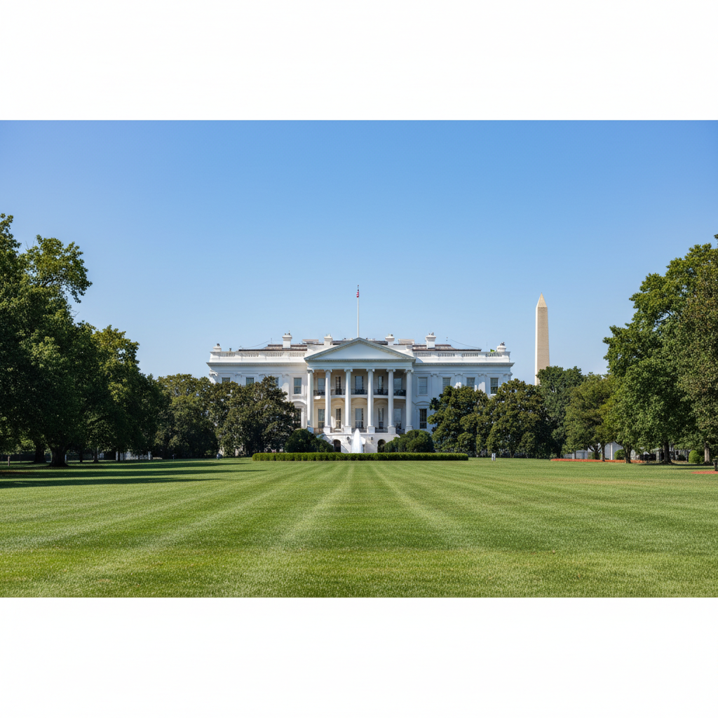 푸른 하늘 아래 위엄 있게 서 있는 미국 백악관 전경