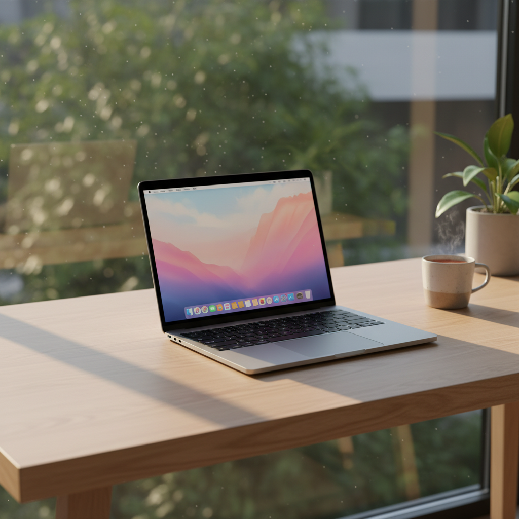 세련된 작업 공간에 놓인 최신 맥북 에어 모델