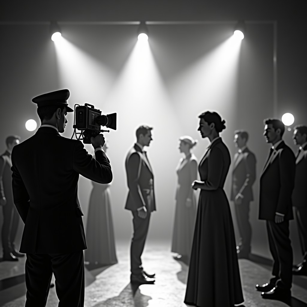 A 1940s black and white film set with a classic camera and actors in period costumes, but some cameras are replaced with futuristic glowing scanners. Historical cinematic lighting, 4:3.