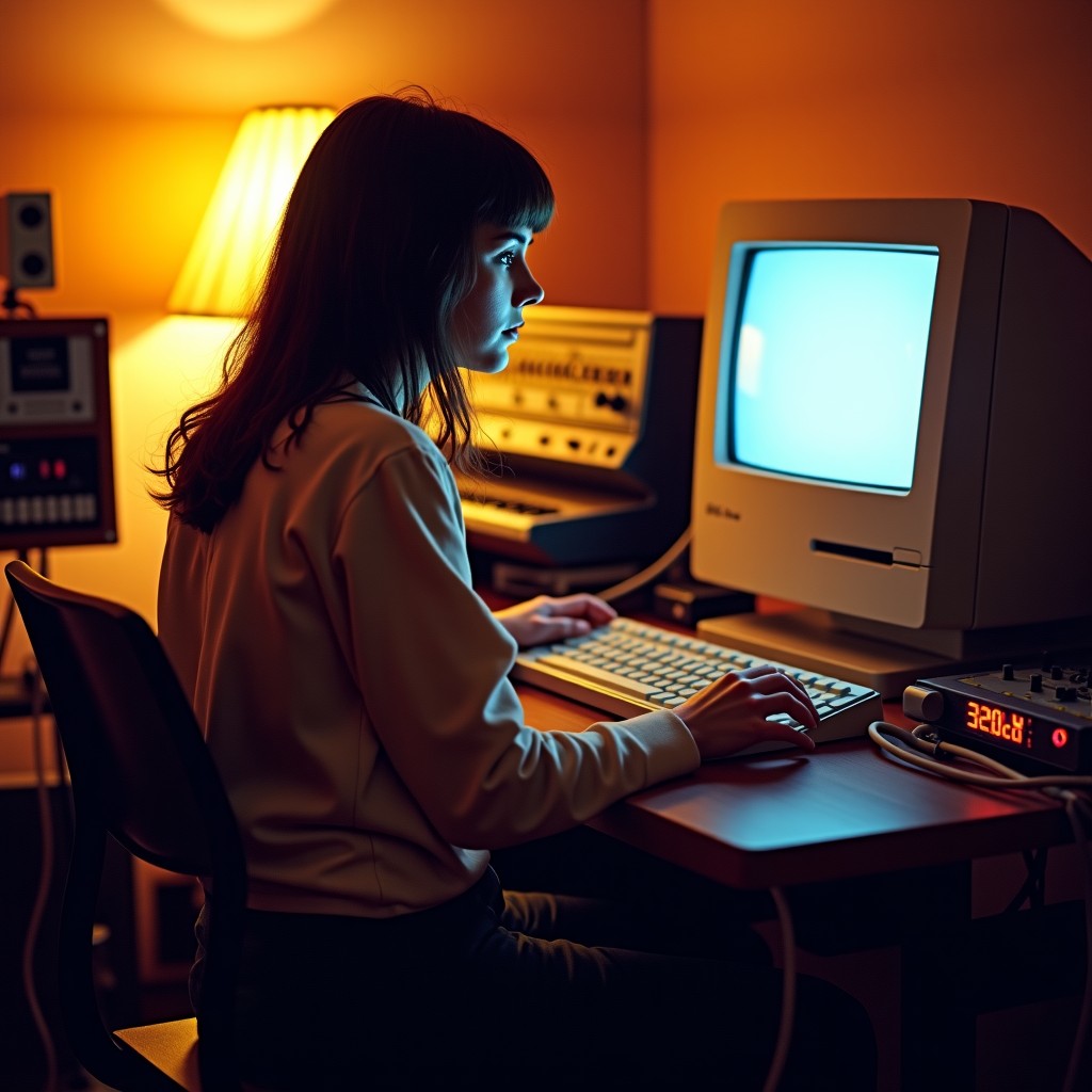 A realistic historical photography of Laurie Spiegel in 1985 sitting at a desk with an early Macintosh computer, electronic music synthesizers and cables in a vintage studio setting, warm lighting, cinematic composition, 4:3