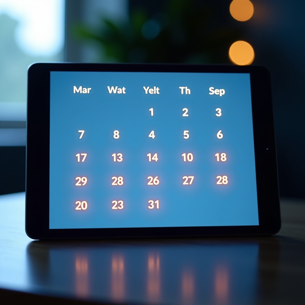 A clean and modern digital calendar on a tablet screen with the year 2026 clearly visible. Important dates in March May and September are highlighted with glowing icons. 4:3