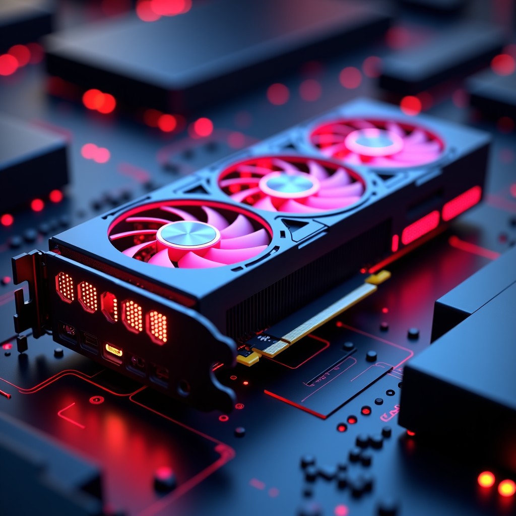 A sleek and powerful futuristic graphic card design with triple fans and glowing RGB lights, floating in a dark tech-themed environment, ultra-detailed textures, 4:3