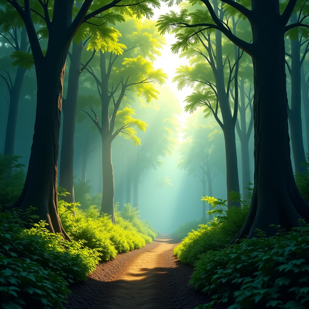 Ultra-detailed cinematic landscape photography, lush forest with sunlight filtering through leaves, 4K resolution, rich textures, vibrant lighting, realistic style, 4:3
