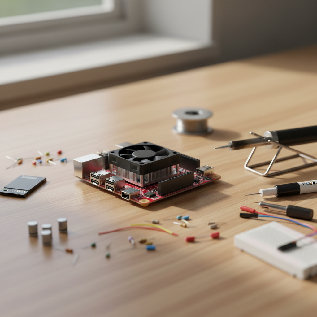 A high-quality close-up photo of a Raspberry Pi 5 single-board computer resting on a clean wooden desk surrounded by small electronic components and a soldering iron. Natural soft lighting, shallow depth of field. 4:3