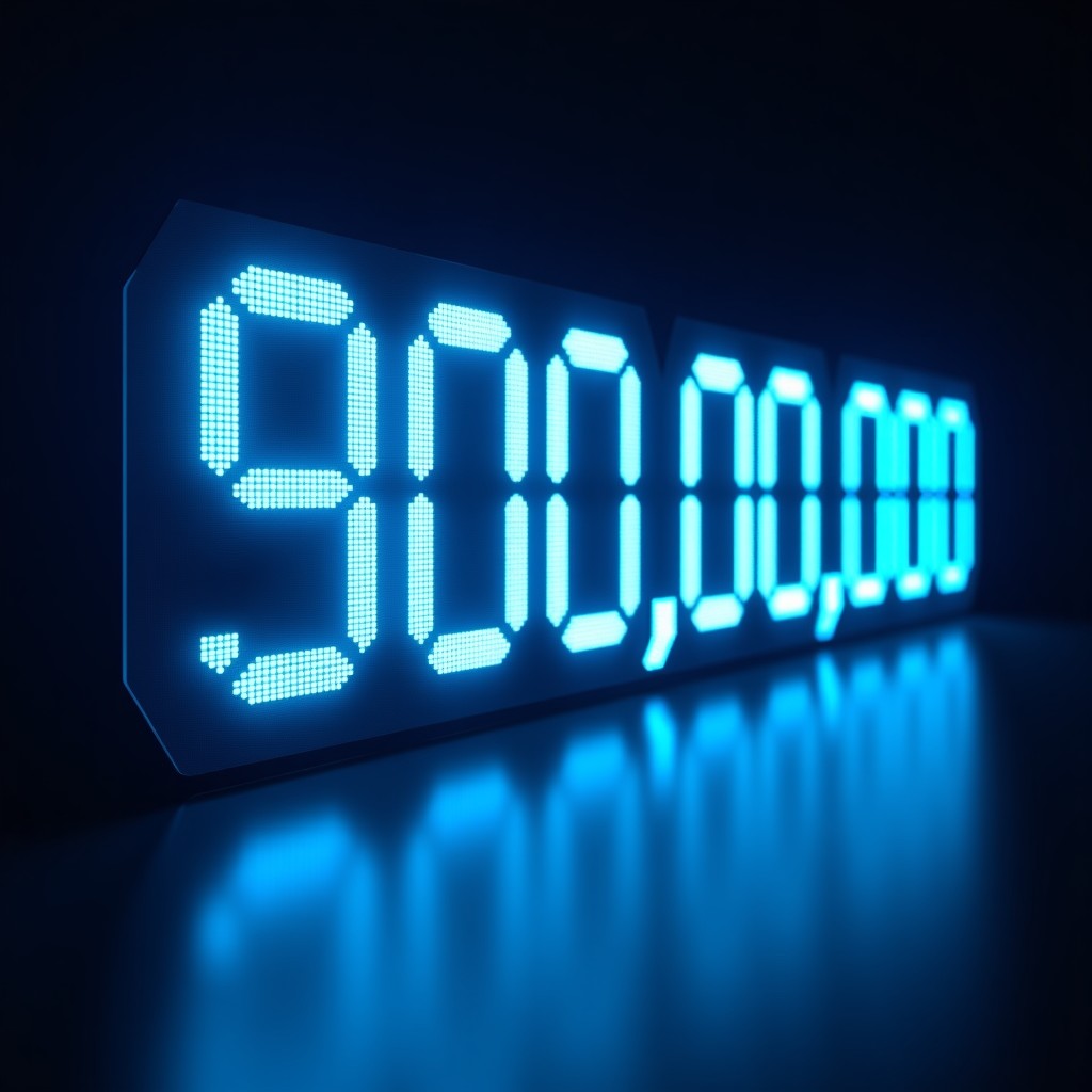 A futuristic digital counter displaying the number 900,000,000 with glowing blue and white light, representating global ChatGPT users, high-tech interface, dark background, cinematic lighting, 4:3