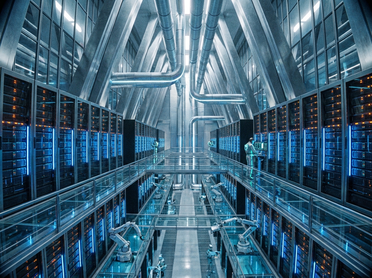거대한 규모의 현대적인 AI 데이터센터 내부 전경