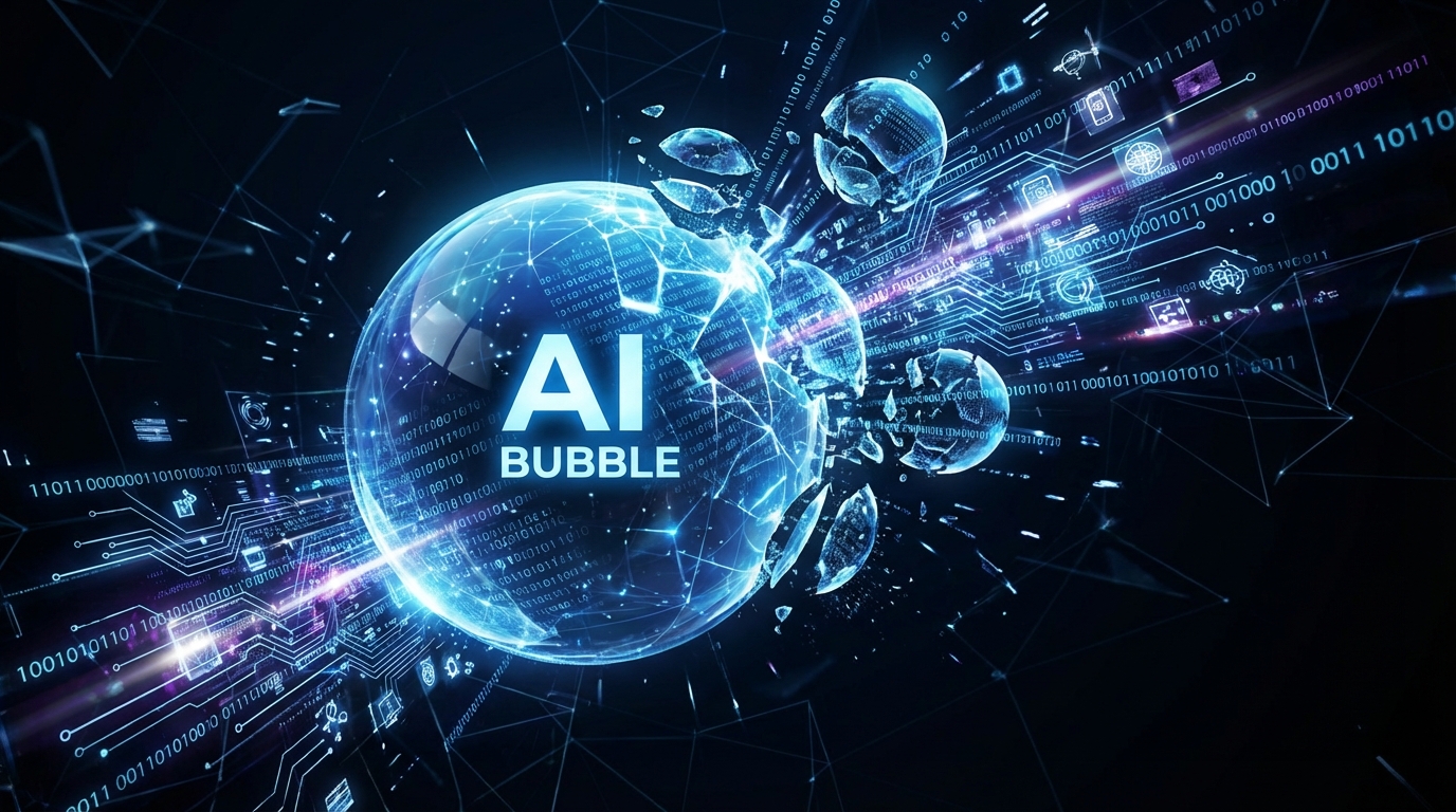 AI 기술의 급격한 성장과 버블을 상징하는 추상적인 디지털 아트