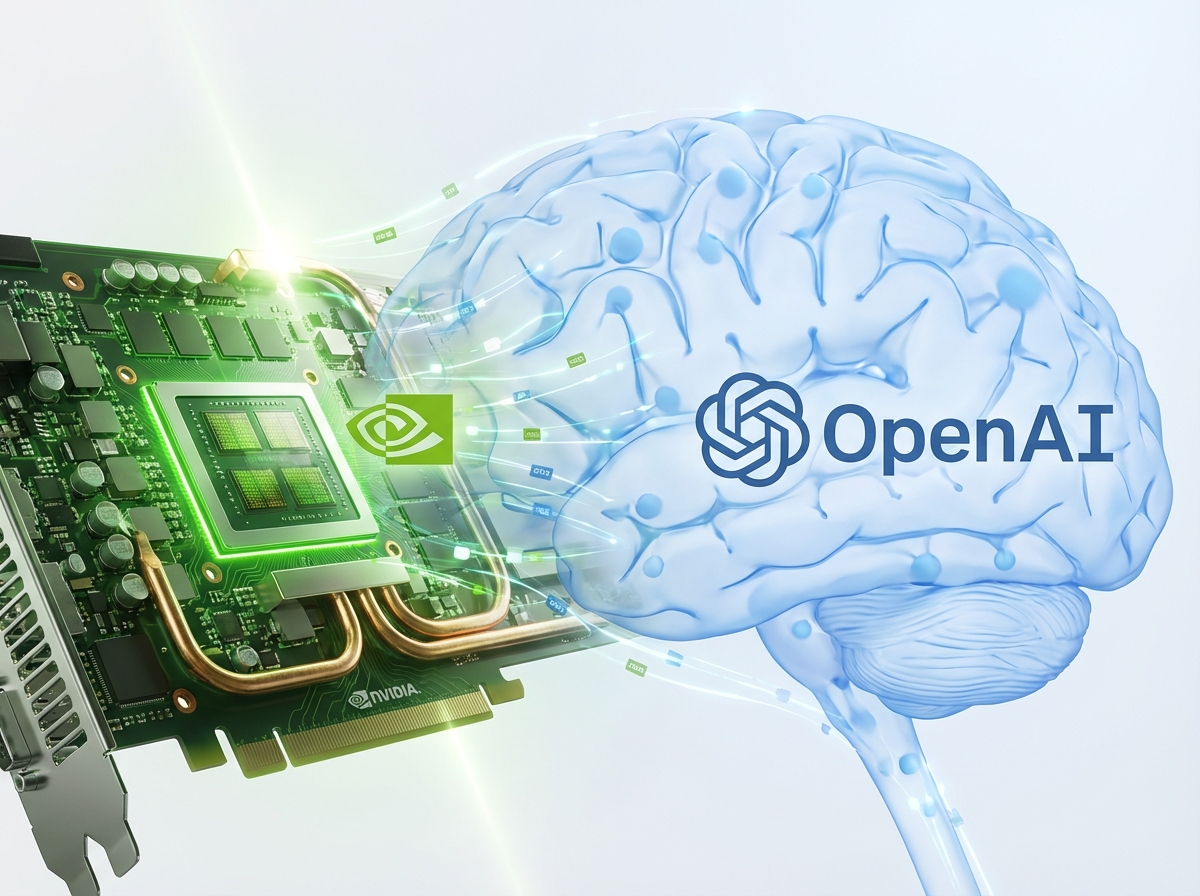 A futuristic and high-tech abstract visualization representing the partnership between Nvidia and OpenAI. Glowing green circuit patterns of a GPU chip merging with a soft blue neural network brain structure. Bright cinematic lighting, clean composition, high contrast, professional digital art style. 4:3