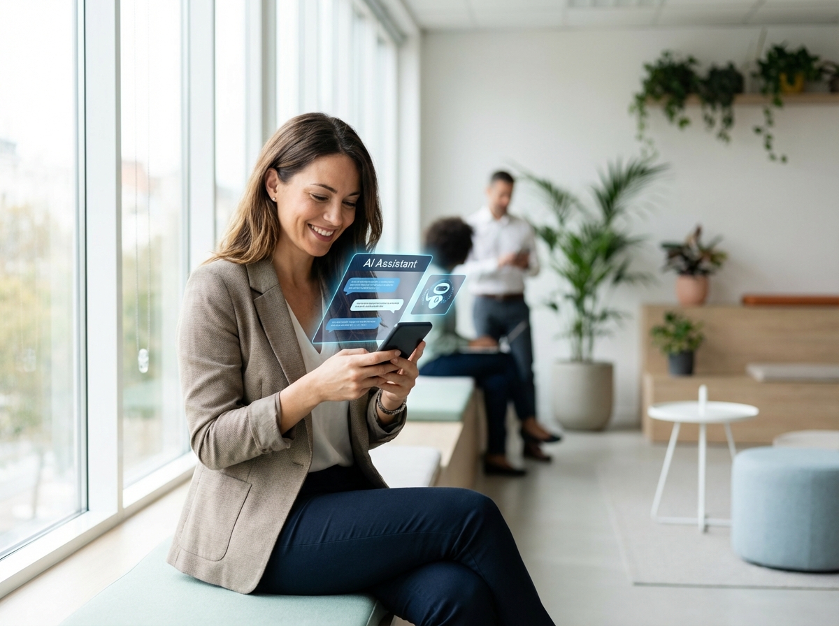 A person in a modern office environment using a smartphone to interact with an AI interface, natural daylight, professional lifestyle photography, 4:3