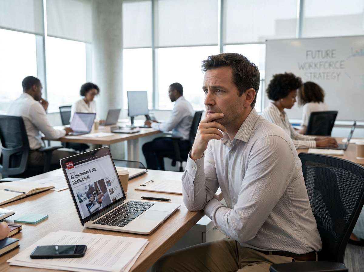 A professional office worker sitting at a desk with a laptop, looking thoughtful and concerned about future technology. Modern office background with soft lighting, high quality photography, AI layoffs concept. 4:3