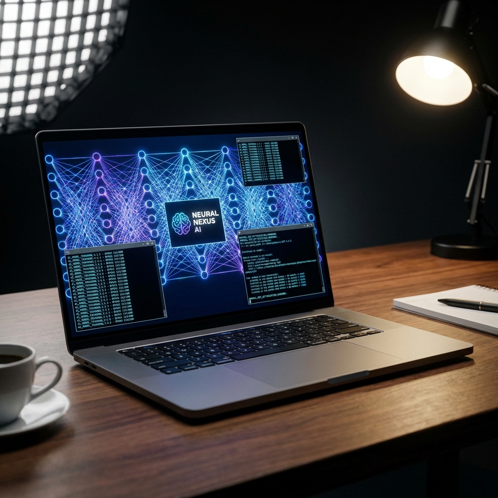 A modern high-end laptop on a wooden desk showing a sleek AI software interface with glowing neural network patterns and terminal code. Professional lighting, 4k resolution, cinematic atmosphere. 1:1