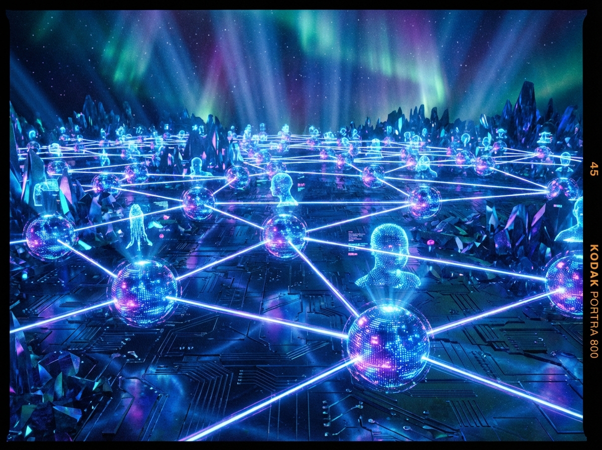 A futuristic digital landscape showing glowing blue and purple spheres connected by light beams, representing AI agents interacting in a vast network, cinematic lighting, 4:3