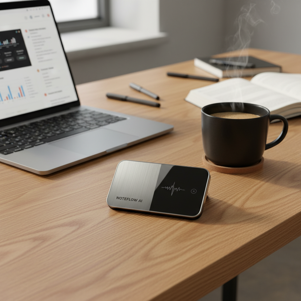 A sleek, credit-card-sized AI notetaker device lying on a modern wooden office desk next to a coffee cup and a laptop. The lighting is natural and bright, high-quality lifestyle photography. 4:3