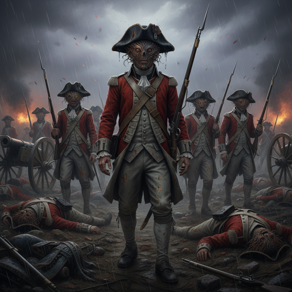 Digital art showing a group of 18th-century soldiers in a battlefield, their faces appearing blurred and distorted with shifting textures, moody atmosphere, Darren Aronofsky AI style, detailed historical costumes but eerie facial expressions, 4:3