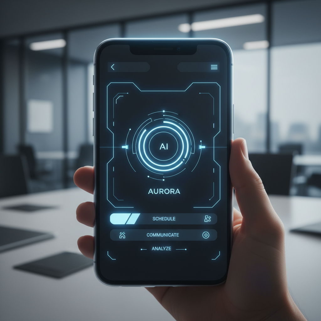 A futuristic and minimalist AI personal assistant interface on a smartphone screen, glowing soft blue light, professional setting, high-tech aesthetic, 1:1