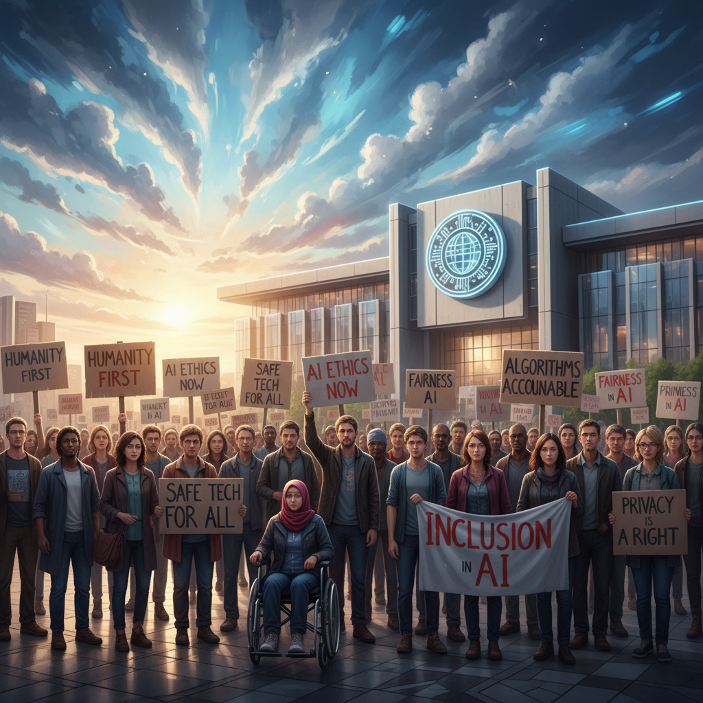 A diverse group of people protesting in front of a modern government building with signs about AI ethics and safety. Digital art style with vibrant blue and white sky background. 4:3