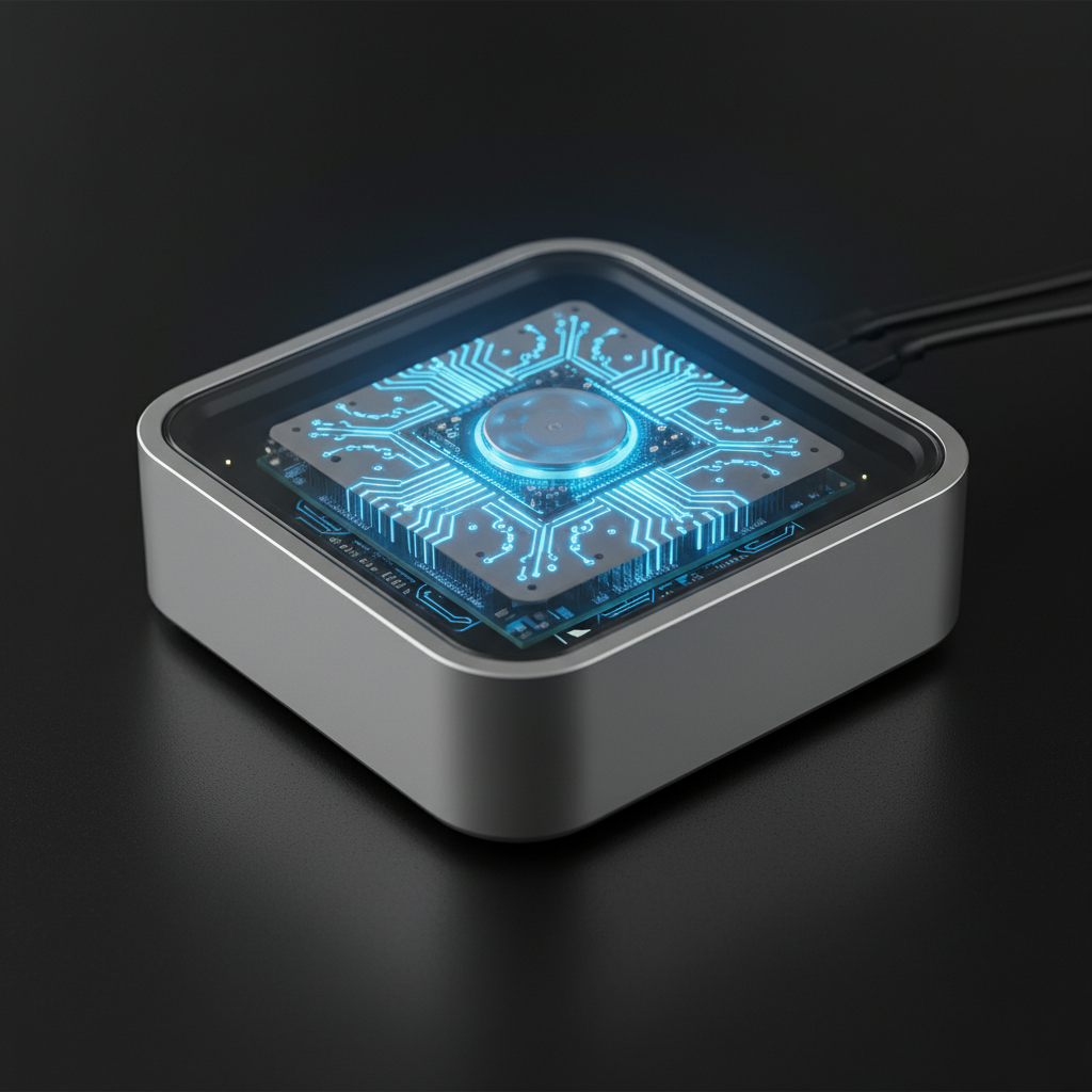 Close-up of a modern, sleek computer processor or a compact desktop computer like a Mac Mini, glowing with blue light to symbolize AI processing. 4:3