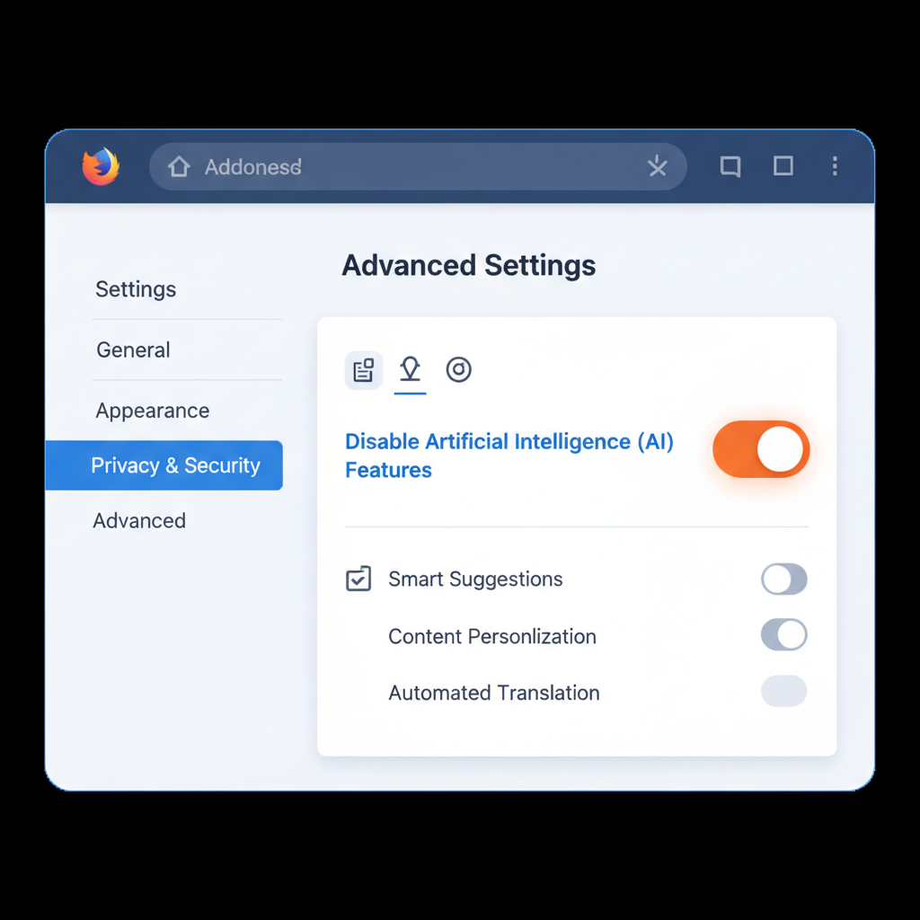 A sleek and modern web browser interface showing a settings menu with a prominent toggle switch for disabling AI features. The design is clean with a professional blue and orange color palette reflecting the Firefox brand identity. 1:1