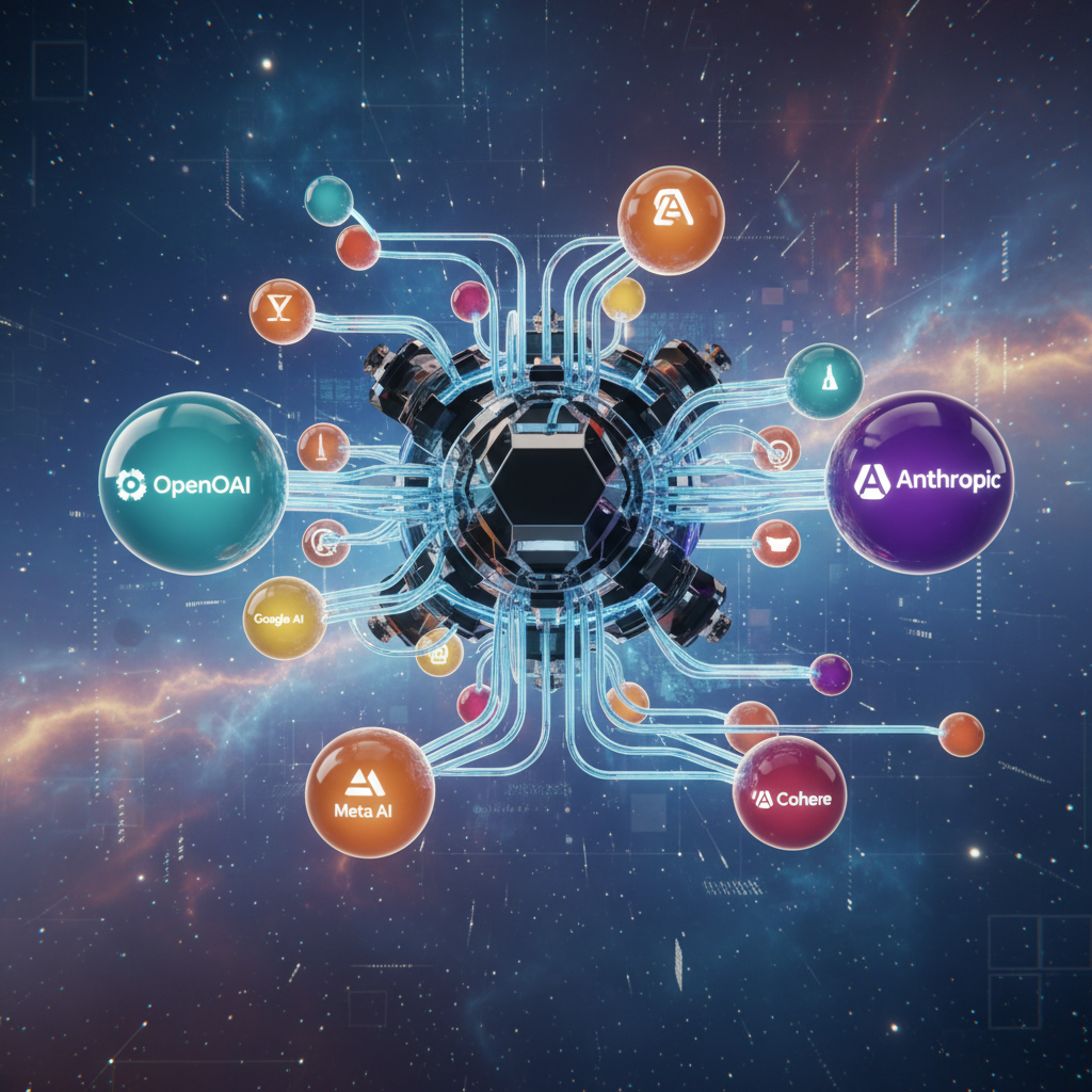 An abstract 3D illustration of a central hub connected to multiple different glowing orbs representing various AI models like OpenAI and Anthropic. Organized and structured layout. 4:3