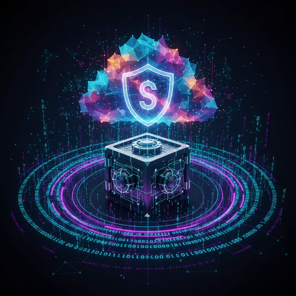 A secure digital vault surrounded by glowing rings of code and data streams. A shield icon is integrated into the center of a digital cloud. High contrast and modern tech style. 4:3