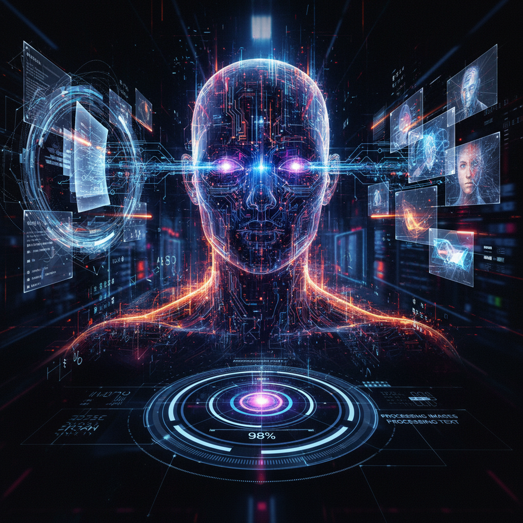 Concept art showing an artificial intelligence processing images and text documents simultaneously, high contrast digital illustration, 4:3