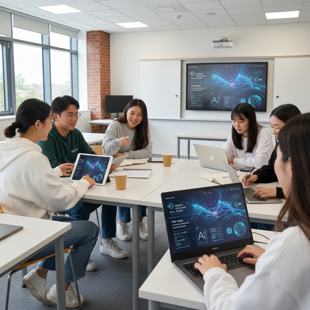 Korean looking students in a modern classroom at Barnsley College using tablets and laptops with AI learning interfaces. The atmosphere is bright and collaborative. Realistic lifestyle photography, 4:3