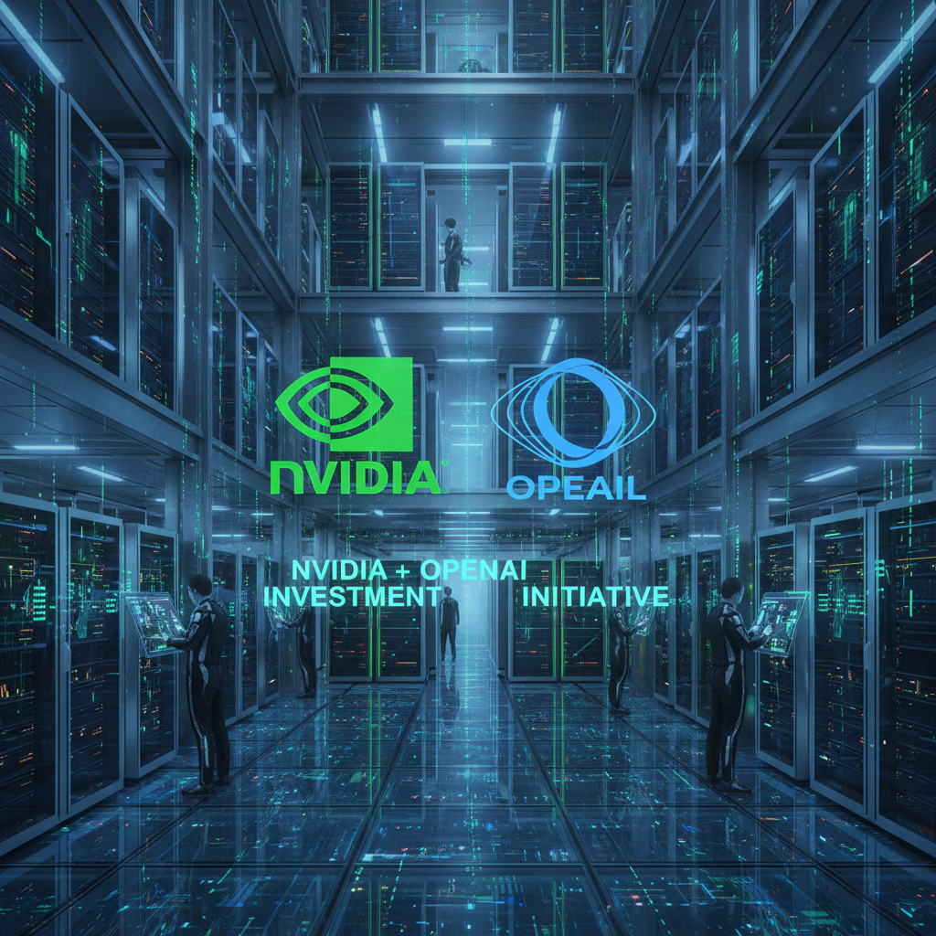 엔비디아와 오픈AI의 로고가 배치된 미래 지향적인 데이터 센터 배경