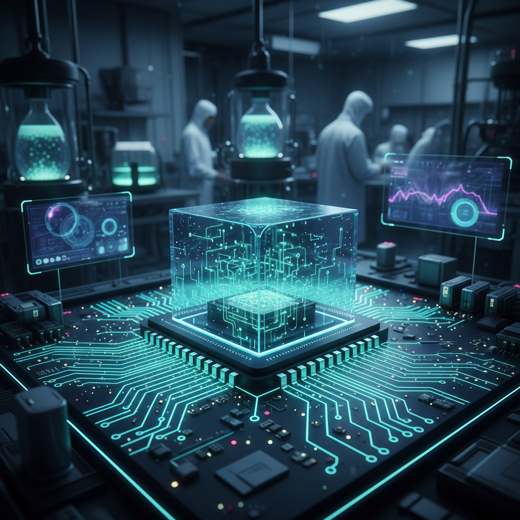 미래형 AI 반도체 칩이 정교하게 설계된 현대적인 연구실 풍경