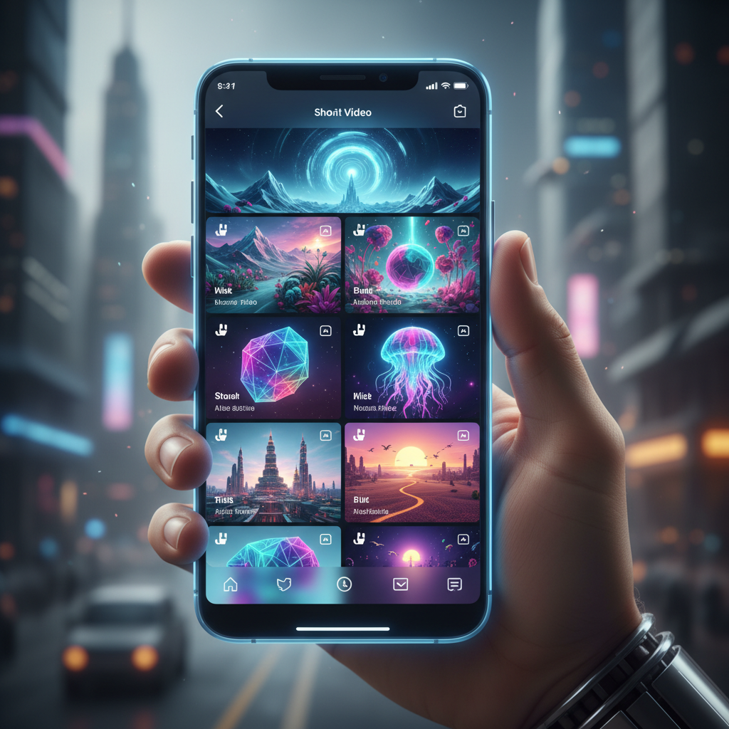 스마트폰 화면에 펼쳐지는 다채로운 AI 생성 영상 피드