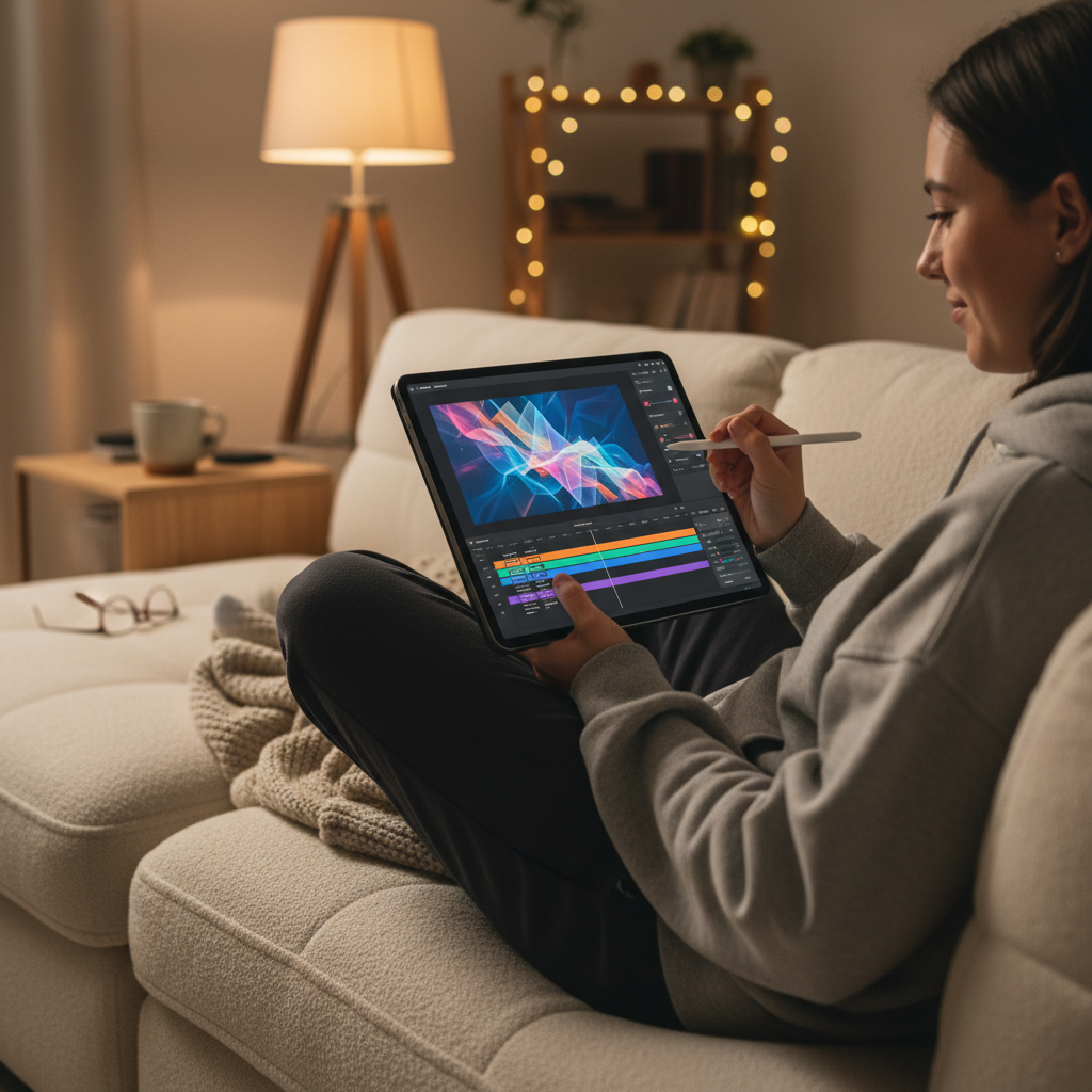 집에서 태블릿으로 AI 영상을 편집하고 제작하는 모습