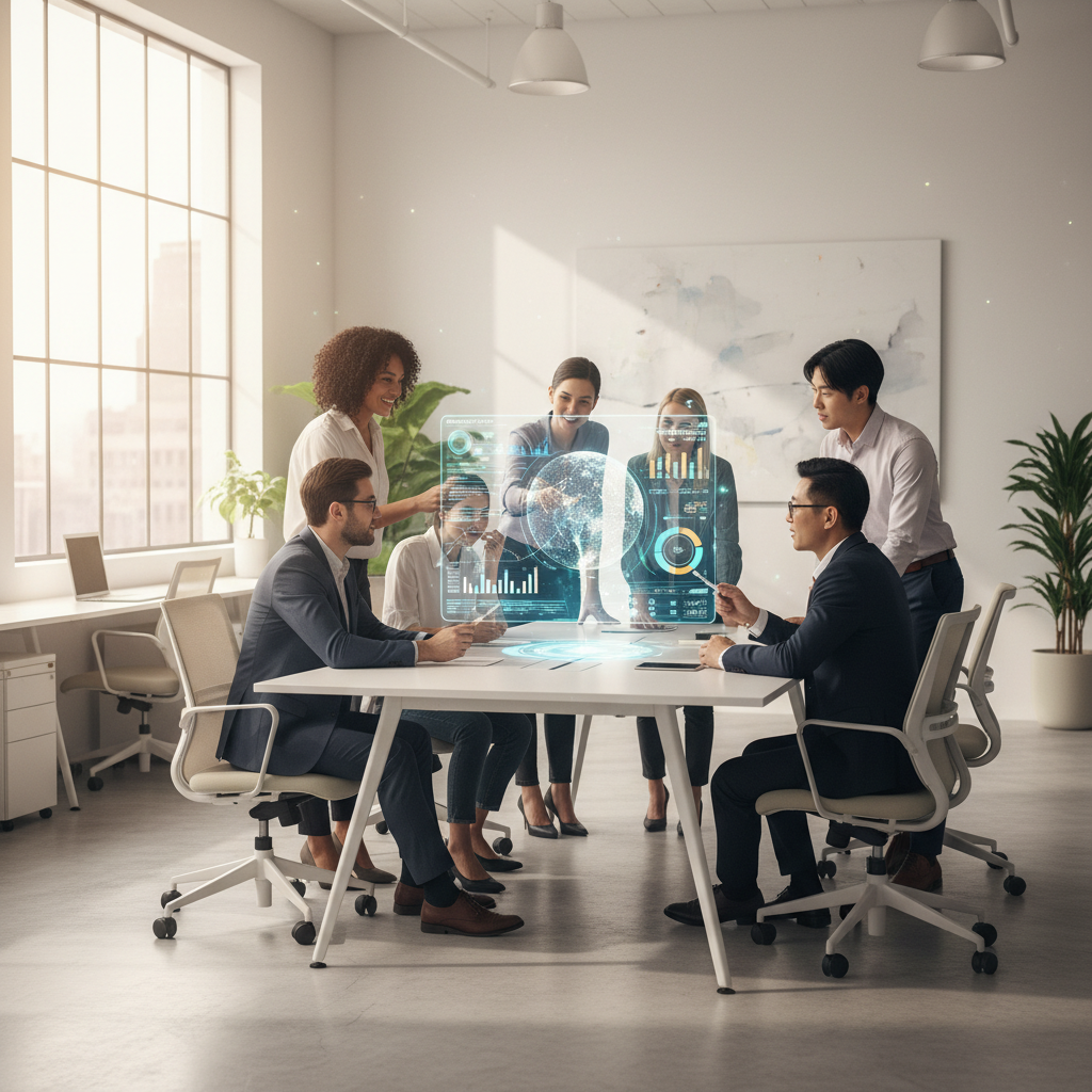 미래형 사무실에서 팀원들이 AI 분석 결과를 공유하는 장면