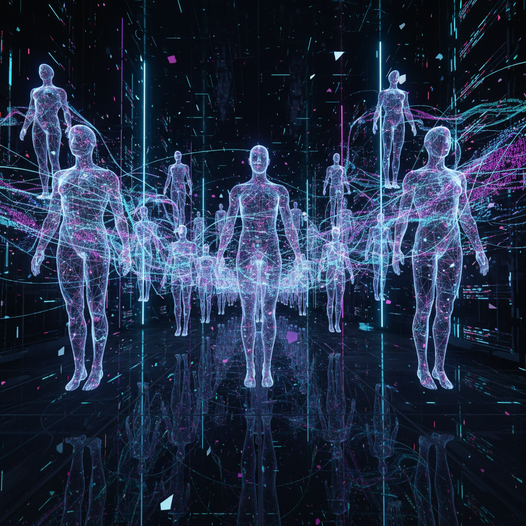 A futuristic digital space showing various glowing humanoid AI avatars communicating through floating holographic data streams in a dark neon environment, 4:3