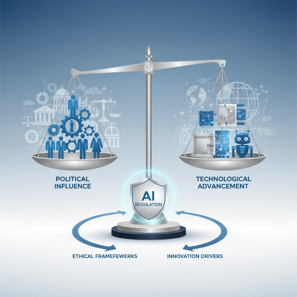 AI 기술 규제와 정치적 영향력을 나타내는 상징적 이미지
