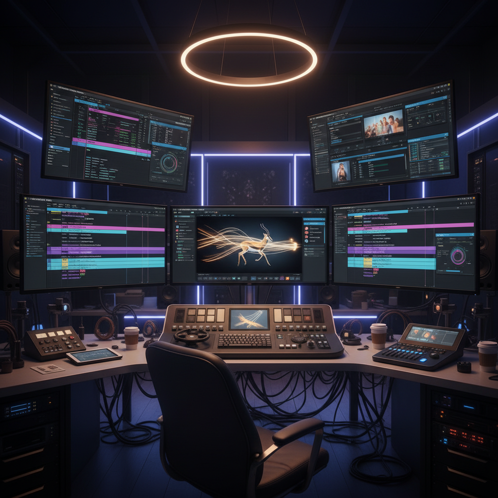 전문적인 영상 편집 장비와 AI 소프트웨어가 조화된 스튜디오