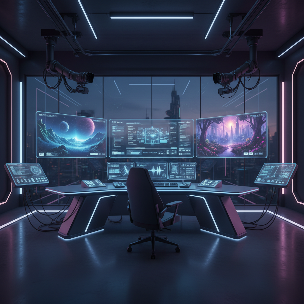 A futuristic AI video production studio with multiple holographic screens showing cinematic landscapes, high-tech interface, soft blue and purple ambient lighting, professional workstation setup, 4:3