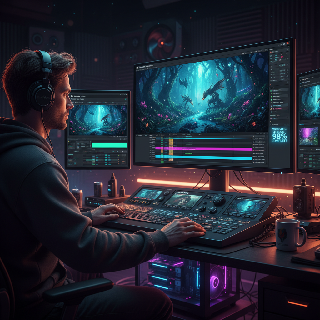 전문적인 영상 편집자가 AI 도구를 사용하여 작업하는 장면