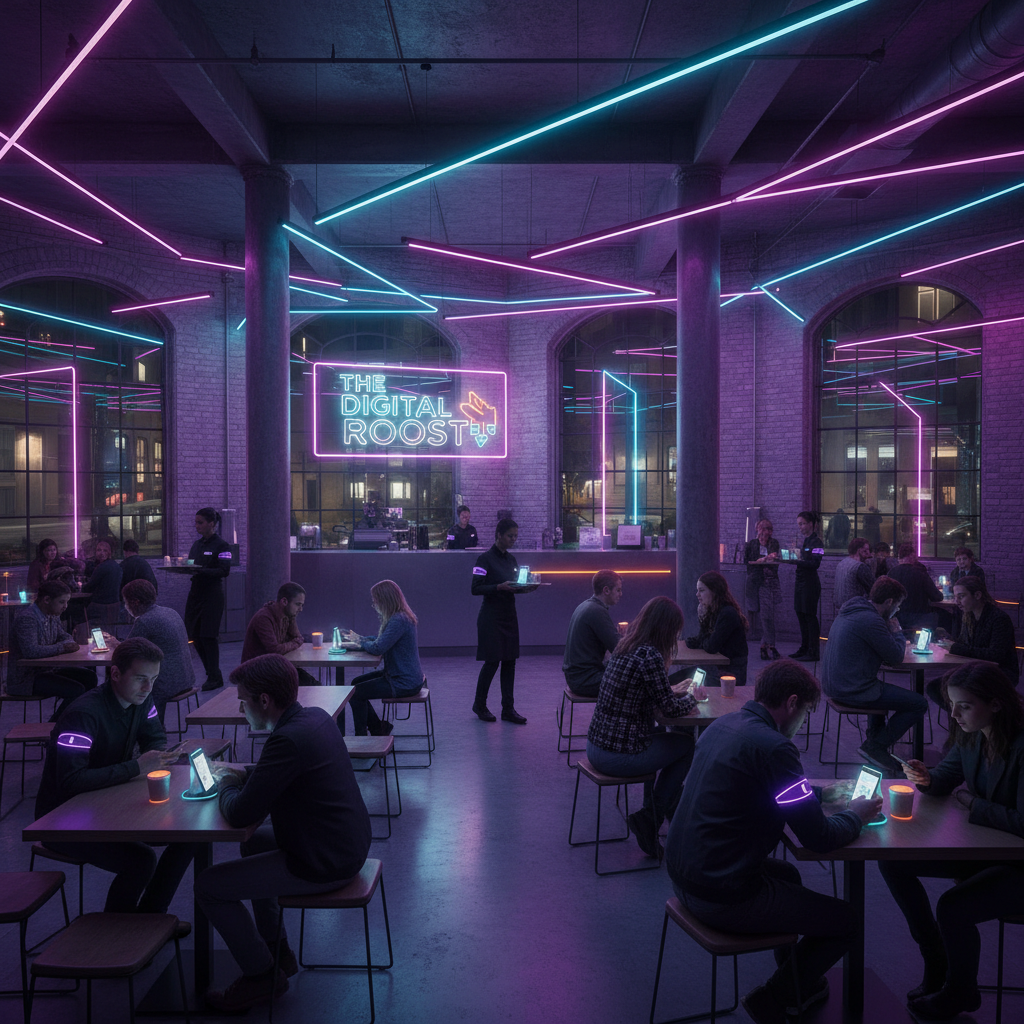 A modern neon-lit cafe interior in New York City with people sitting at tables looking at smartphones on stands, purple and blue ambient lighting, servers moving around, cinematic atmosphere, 4:3, NO KOREAN TEXT